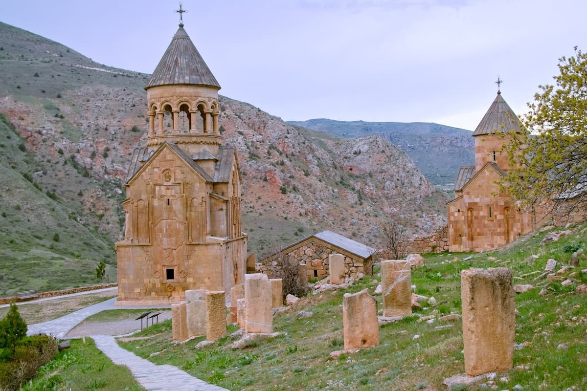 Mountain monastery overlooking a valley, Armenia