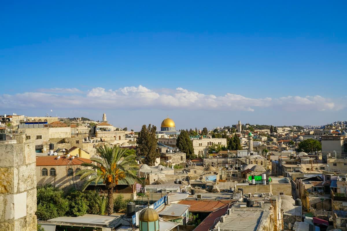 Historic stone buildings and olive groves, Palestine