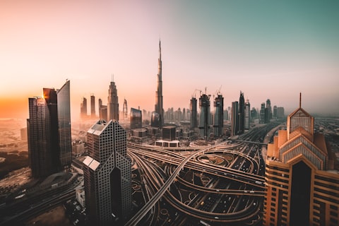 Burj Khalifa and Dubai skyline at night